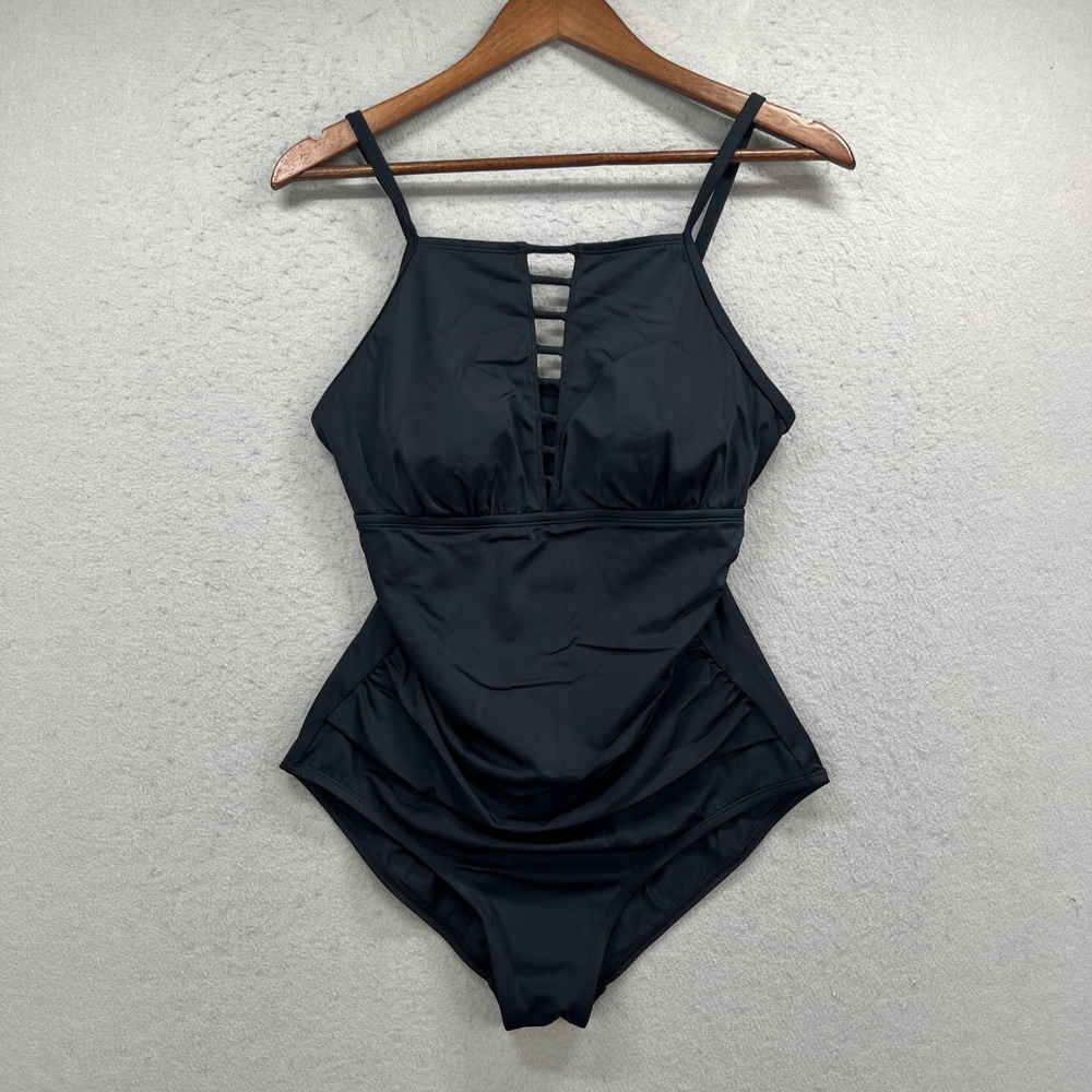 Jantzen One Piece Swimsuit Womens 10 Black Ladder Front Ruched Slimming Resort